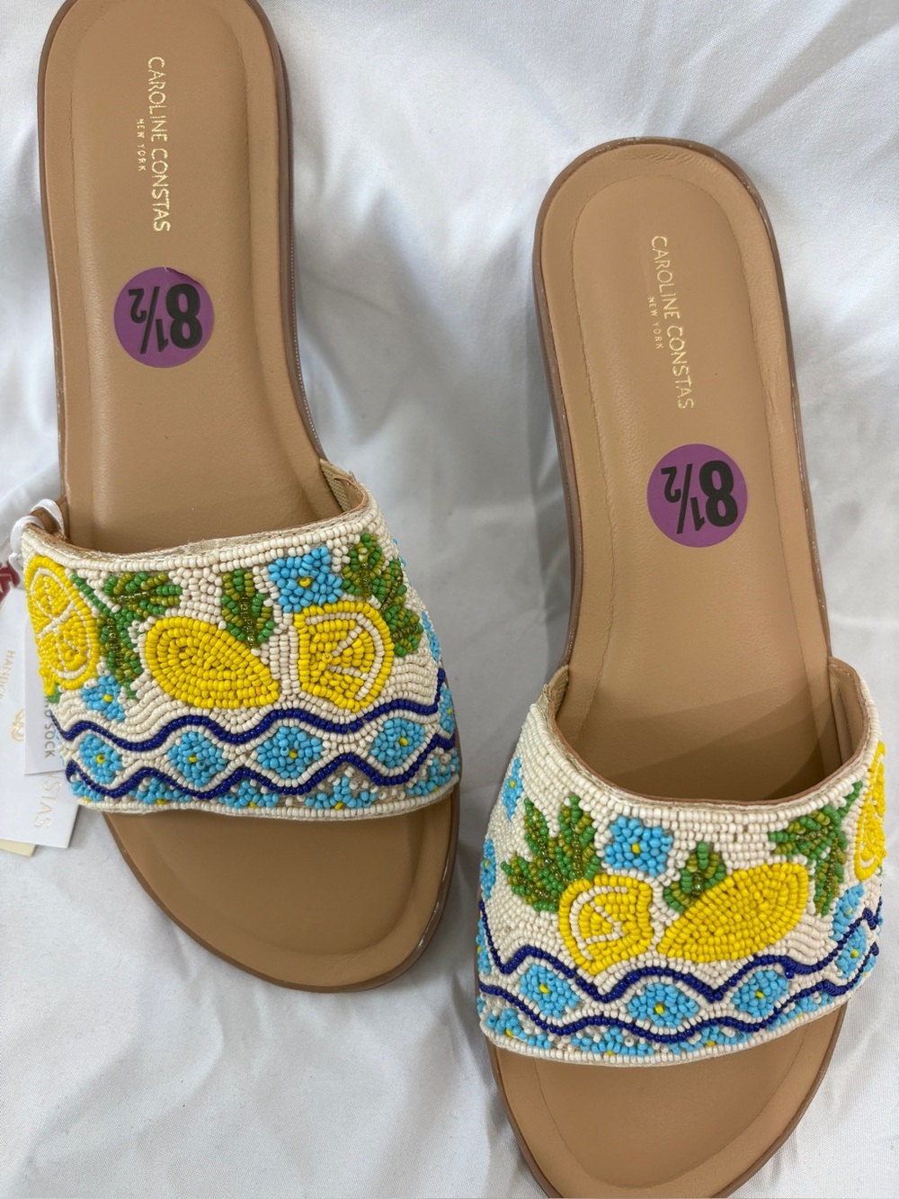 Caroline Constas Beaded Lemon Slide Sandals - Yellow/Blue/Tan Amalfi Coast Vibe!